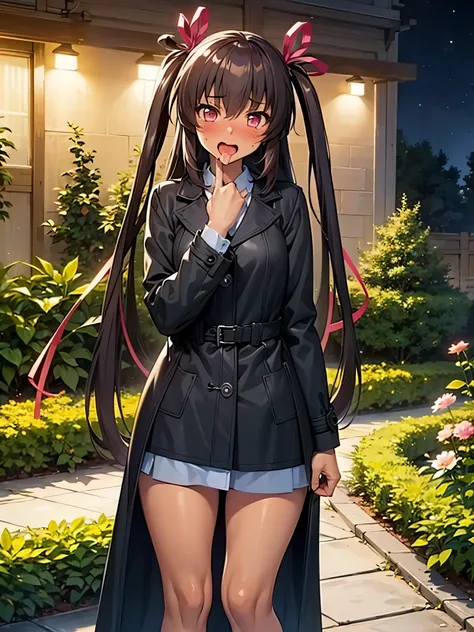 NSFW,1 girl,mizuki yukikaze,Hair Ribbon,Long coat,Open front,(Perfect hands),(Perfect Anatomy),(masterpiece),(highest quality),(Embarrassed:1.5),blush,night,garden,Open your mouth、Sticking out tongue,Are standing