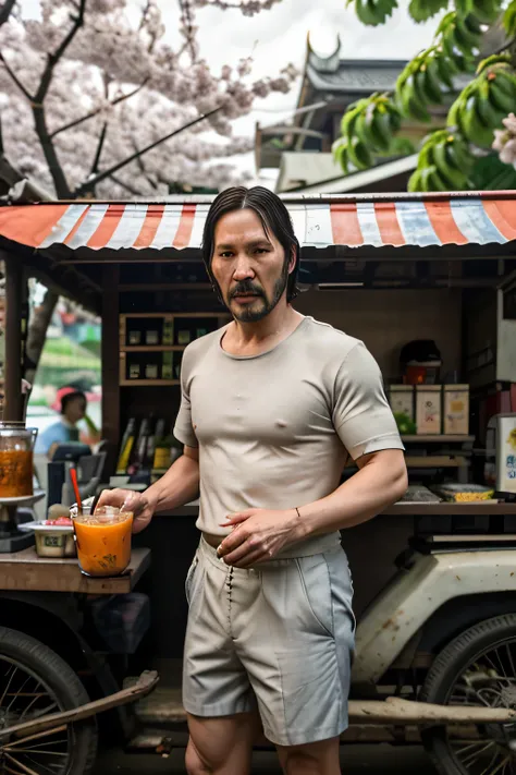 John Wick He is dressed in a short-sleeved t-shirt and shorts. He sells traditional Thai tea. location Small tea booth under the cherry blossom trees  the Chao Phraya River.  Thailand 8K 