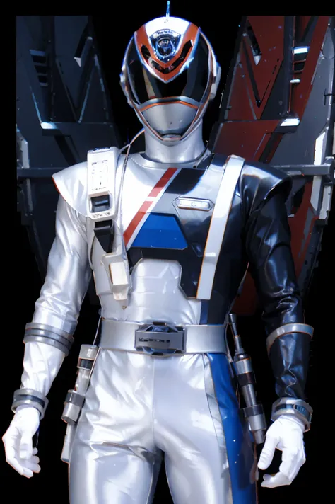 SPD power ranger suit of armor, helmet,,  (power rangers)), One guy, white based, red and blue chest armor   costume, Solo, ((fit figure)), (Anatomically correct), Cowboy shot, masked face, guns, muscular build