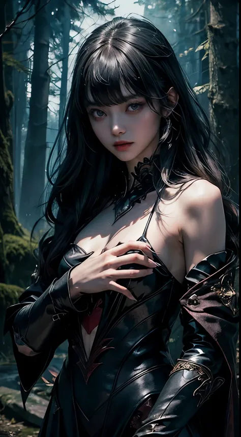 (8K, Raw photography, top-quality, ​masterpiece:1.2),  One Woman、Japan at the age of 18,fullllbody.{scinematic angle、Wide Angle、Dont split the screen、}（Realistic Skins 1.4）、（（（Vampire、Black hood、Black cloak、Goth  costume、Do not show the skin、）））、（（（In the ...