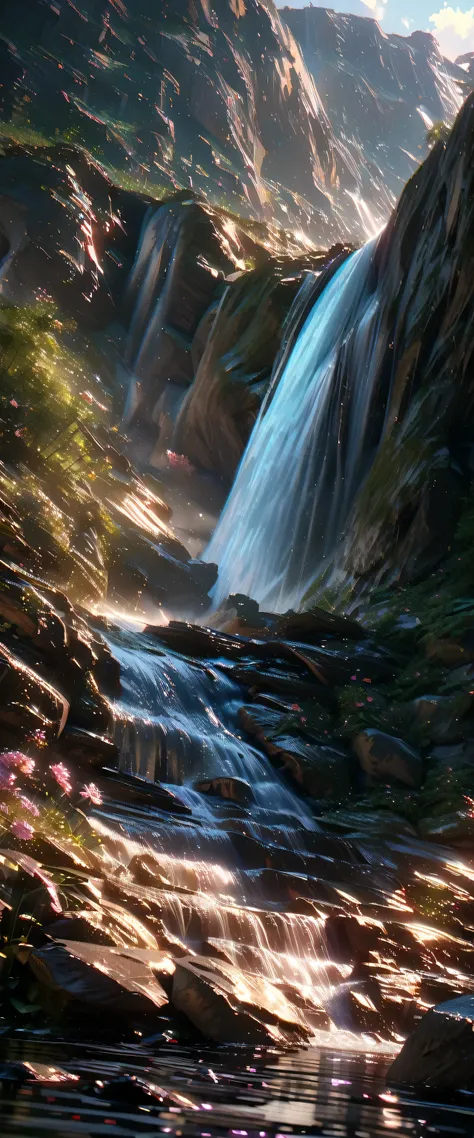 A turbulent waterfall in a tranquil and beautiful landscape, Ray Tracing, detailed reflections, complicated, High detail, dramatic, Top quality masterpiece, Realistic, detailed, 8k, High resolution, Backlight, bloom, The light shines, chromatic aberration,...