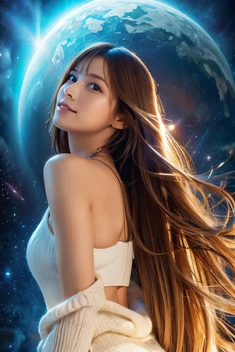 High quality, Best Quality, masutepiece, Detailed portrait of a woman 1 girl, Long hair, (floating, spaces, Galaxy, Colorful), Warm lighting, Goddess, Galaxy, Scenery, Multicolored corollas of hair, {{{Best Quality}}}, {{Ultra-detailed}}, {Illustration}, C...