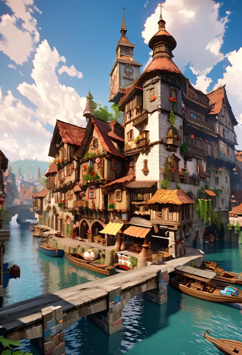 Fantasy painting of a riverside village, Render in Cinema4D, Bulbous, Precise nautical details, Creative character design, Whimsical cartoon style, 32k uhd --ar 2:1