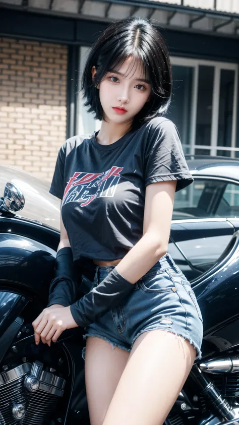 best quality, 1 Girl, dark blue hair, black eyes, Very short hair, Spiky hair, blueoversize t-shirt, High waist short jeans, 171 cm, Messy hair, Hair between the eyes, Medium breasts, full, Tomboy, aldult, 20 years old, 1 Girl near blue motorcycle