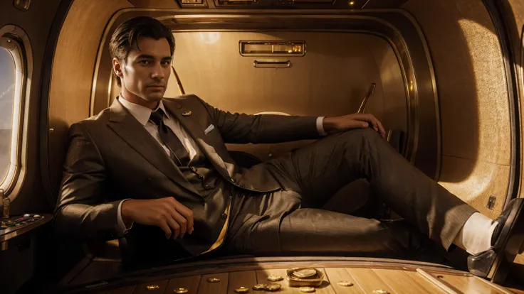 a millionaire man in a suit inside a plane with several gold coins next to him. money, ultra detailed image, realism, 8k, hyper detailed skin, intense and vivid colors.