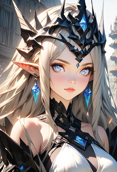 A woman with long hair and a sword on the street, elf girl, 2. 5D CGI anime fantasy artwork, female anime character, elf queen, elf portrait, from arknights, hot topics on artstation pixiv, charming elf princess knight, portrait of Elf Queen, detailed digi...