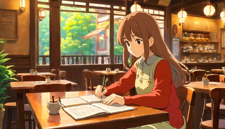 A girl sitting at a table and studying in a cafe with traces of time