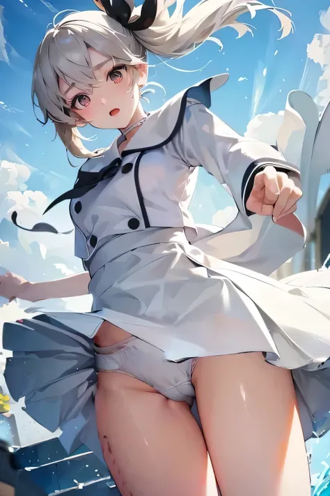 White underwear is visible。White underwear is visible、The wind is blowing my skirt away(Crotch up view from below_perspective:1.5),。Running up the stairs。Anime uniform girl。The lining of the skirt is visible。White underwear is visible。Pokemon Girl。Low - An...