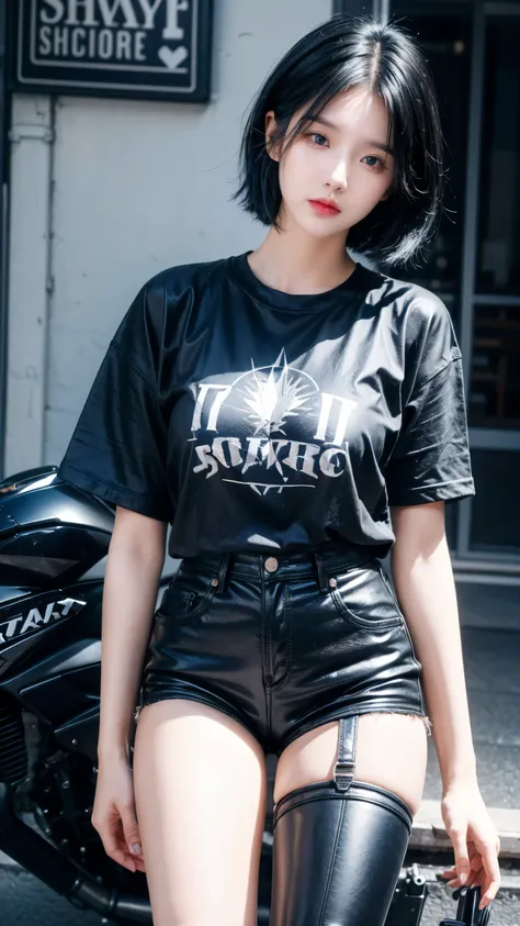 best quality, 1 Girl, dark blue hair, black eyes, Very short hair, Spiky hair, blue oversize t-shirt, High waist short, 171 cm, Messy hair, Hair between the eyes, Medium breasts, full, Tomboy, aldult, 20 years old, 1 Girl near blue motorcycle