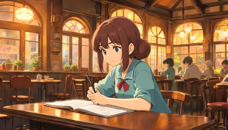 Girl studying with pen in hand in an old cafe