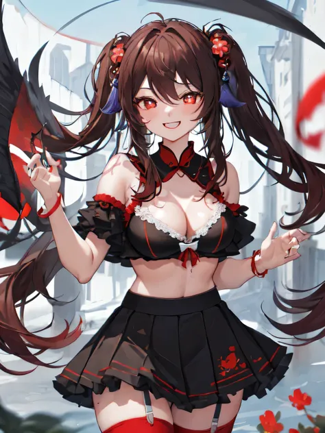 masterpiece, best quality,detailed clothes,1girl, hu tao (genshin impact), red eyes, twintails, brown hair, solo, symbol-shaped pupils, long hair,bangs, black shorts , chinese clothes,(photo realistic:0.8),flower,looking at viewer,flower field,depth of fie...