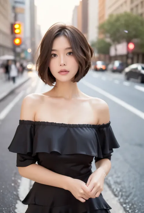 Black Dress posing for photo、Beautiful Asian Girl、Japanese Girls、Cute pale face of a girl、young woman、short hair、Pink Hair、Sakimi-chan、((highest quality、8k、masterpiece:1.3))、concentrate:1.2、Perfect body beauty:1.4、Butt:1.4、((Layered Haircut、Beautiful breas...