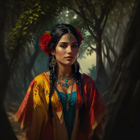 A beautiful gypsy girl in a forest of a gypsy camp with many colorful gypsy carts, she dances to the gypsy rhythm, com seus colares e bulseiras coloridas, 