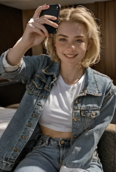 A 21-year-old girl named Kate with short blonde hair, very nice medium breasts, her height is 1.60, white British style, kate is beautiful, angelic face, has light freckles in the nose area, Kate is wearing light jeans with a denim jacket and a white t-shi...