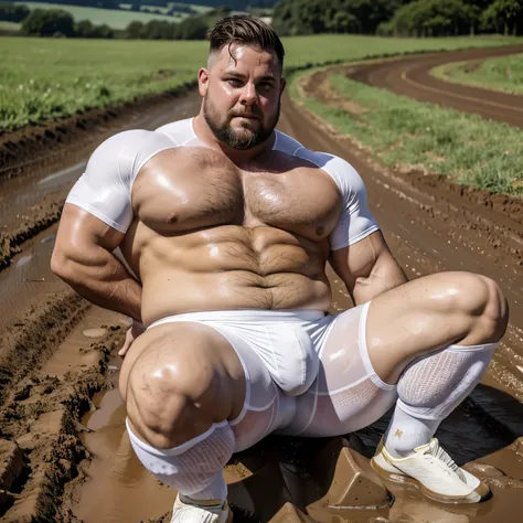 really looking like a monstruous fat sweaty filthy stinky bloated pig with his clearly visible golden piercing huge ring at his nose , full body view, a huge over-muscular bodybuilded white dyed blond gay guy with undercut haircut,  white lycra shorts, in ...