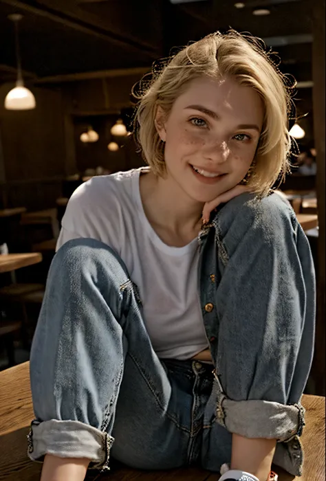 A 21-year-old girl named Kate with short blonde hair, very nice medium breasts, her height is 1.60, white British style, kate is beautiful, angelic face, has slight freckles in the nose area, Kate is wearing a light pair of jeans with a denim jacket and a ...