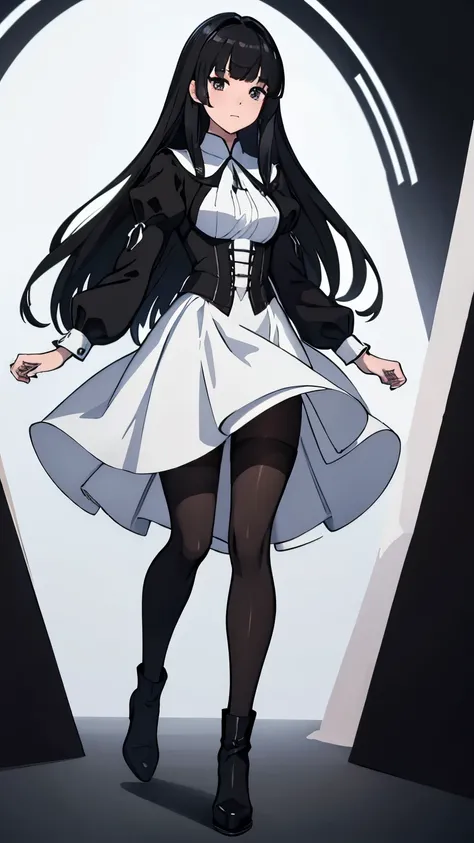 black pantyhose,white princessdress,longskirt,Black Hair,Straight Hair,whole body,boots,Ultra HD,masterpiece,super high quality,Ultra-high resolution,Highest quality,Advanced,highest quality,Highest Resolution,beautiful,beautiful,High quality,Real,8K,