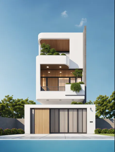 PLATFORM KTHOUSE, 1 morden WHITE house, slope roof, main material of villa about build color wall:1.2 glass panel:1.1 and stone:1.2, 1large yard, 1 road runs in front of the house, (RAW photo, real, best quality, masterpiece:1.2), look morden minimalist, 1...