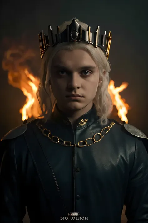 (masterpiece, best quality:1.2), solo, (((cinematic epic poster))) of aegon ii targaryen,) ((wearing a heavy large crown)) , got...