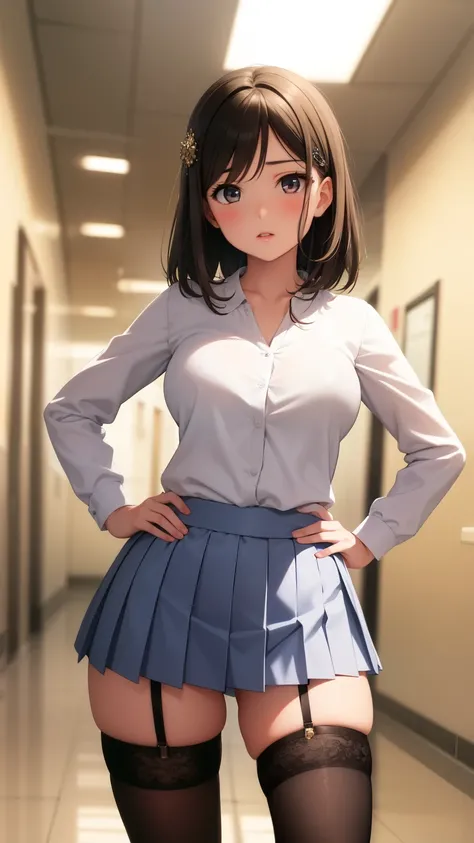 masterpiece, best quality, highly detailed, ultra high res, ayase arisa, 1girl, solo, hair ornament, short brown hair, glossy lips, medium breasts, beautiful detailed eyes, bangs, school, hallway, white shirt, pleated miniskirt, thigh highs, hands on hips