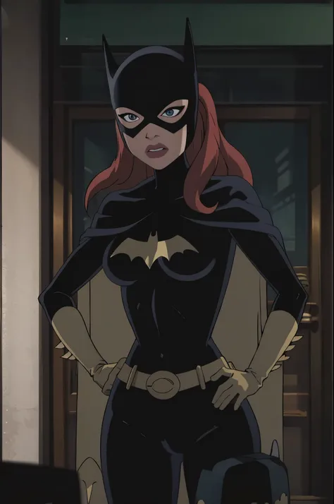 masterpiece, best quality, 1girl, solo, high resolution, CARTOON_batgirl_ownwaifu, mask, long hair, green eyes, bodysuit, breasts, cape, domino mask, belt, medium breasts, superhero, gloves, lips, black bodysuit, helmet, belt buckle, horns, bat_print, bag,...