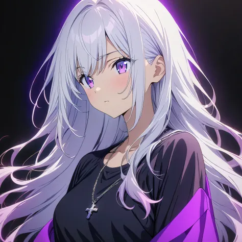 [(BLACK BACKGROUND:1.5)], ((((masterpiece)))), high quality, ((solo)), ((1 younger girl)), ((white long hair)), (purple color eyes), upper body, civilian clothes white, Necklace of crosses, (purple effect:1), anime,