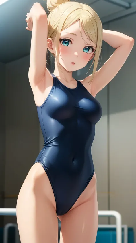 masterpiece, best quality, highly detailed, ultra high res, ayase arisa, 1girl, solo, hair ornament, blonde hair, hair in a bun, glossy lips, medium breasts, aqua eyes, school gym, gymnastics leotard