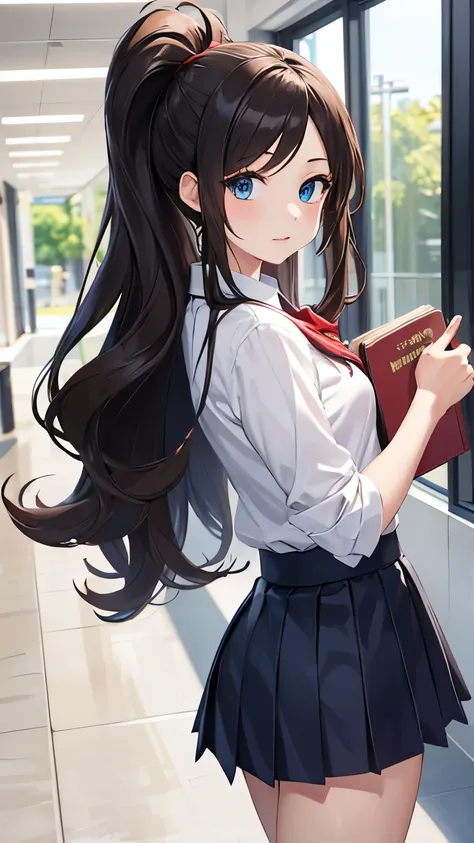 (masterpiece, best quality, detailed), 1girl, solo, looking at viewer, hilda pokemon, high ponytail, long hair, blue eyes, beautiful detailed eyes, school, hallway, holding book, white school shirt, black pleated miniskirt