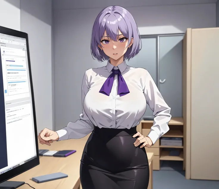 No background、Standing posture、office、(blouse、Tight Skirt)、Ultra-detailed illustrations、Ultra-precision performance、masterpiece、highest quality、超High resolution、High resolution、(light purple hair、Gray Hair、Short Hair)、(Disliked expression)、Mommyfy、