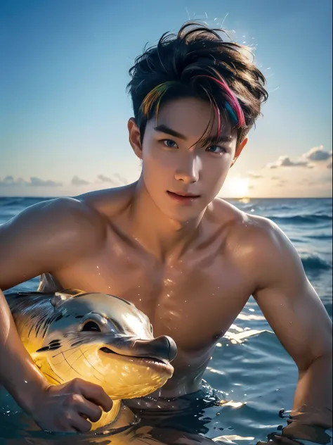 This is a handsome 25 year old man playing on the beach with dolphins and other sea creatures. The goal is to create a photorealistic and beautiful image that will make the viewer happy and fall in love with the mans expression. The men have hairstyles wit...