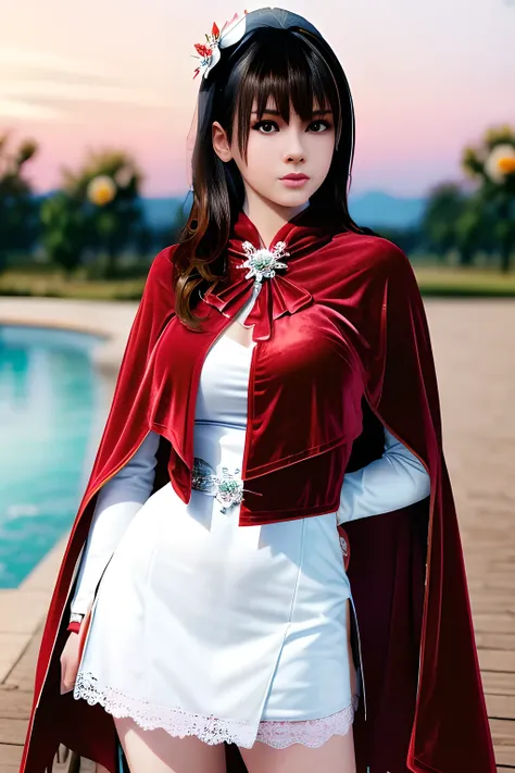 1girl,(red theme: 1.2), (velvet fabric wedding dress: 1.2), (ice flower cloak: 1.5), ,garden,moon,huge breasts,lactating,(lip gl...