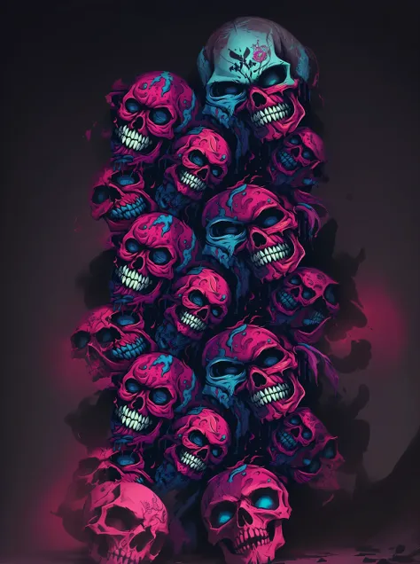 a pattern of Skulls with pink and blue colors, skull liminal empty background, arte detalhada assustadora em cores, Skulls, arte de fundo, morphing Skulls, Skulls around, horrible background, rostos de caveira, alien Skulls, arte colorida assustadora em 4k...