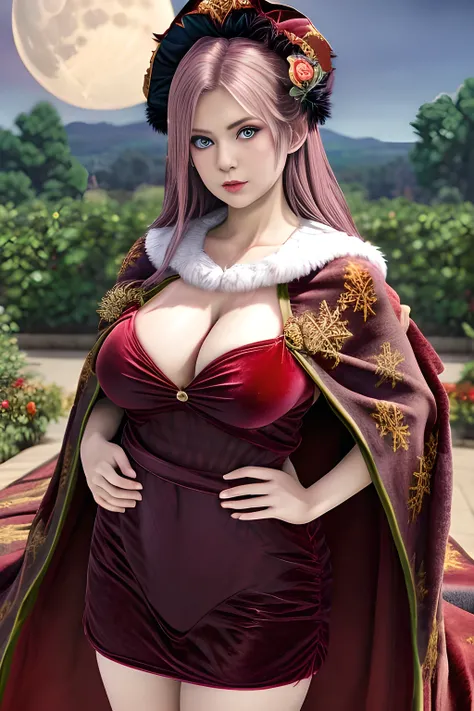 1girl,(RED theme: 1.2), (Velvet fabric nightgown: 1.2), (Koch snowflake cloak: 1.5), ,garden,moon,huge breasts,lactating,(lip gloss),(masterpiece), best quality, (real life portrait photography:1.5),unltra detailed,8K,Shot with a professional-grade camera ...