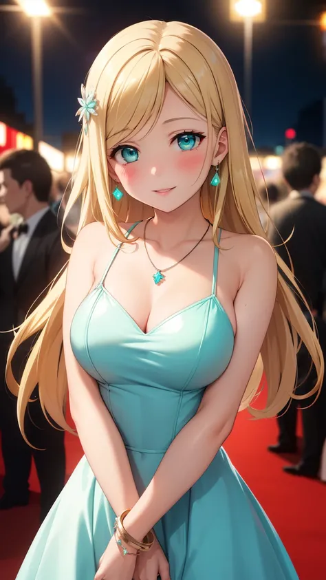 masterpiece, best quality, highly detailed, ultra high res, ayase arisa, 1girl, solo, hair ornament, long blonde hair, glossy lips, medium breasts, aqua eyes, blush, light smile, prom dress, night, neon lights, red carpet, crowd, necklace, jewelry, bracele...