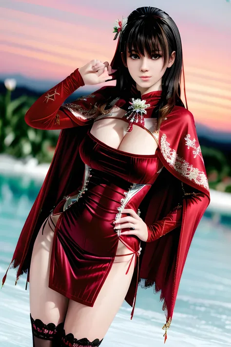 1girl,(RED theme: 1.2), (Velvet fabric Wedding dress: 1.2), (Ice flower cloak: 1.5), ,garden,moon,huge breasts,lactating,(lip gloss),(masterpiece), best quality, (real life portrait photography:1.5),unltra detailed,8K,Shot with a professional-grade camera ...