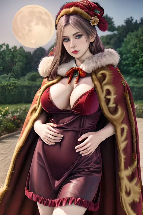 1girl,(RED theme: 1.2), (Velvet fabric nightgown: 1.2), (Koch snowflake cloak: 1.5), ,garden,moon,huge breasts,lactating,(lip gloss),(masterpiece), best quality, (real life portrait photography:1.5),unltra detailed,8K,Shot with a professional-grade camera ...