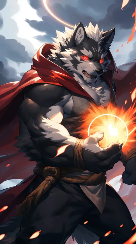 (Dynamic poses:1.6), (ultra deTailed), Clear focus, Niji, Eye contact, (glowing red eyes:1.4), hairy, (Gray-black fur:1.3), White beard, anthropology (Wolf), male, middle aged, White belly, Tail, muscular, (knight clothing, Cherry red long cape), ultra deT...