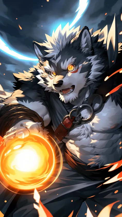 (Dynamic poses:1.6), (ultra deTailed), Clear focus, Niji, Eye contact, (glowing golden pupils:1.4), hairy, (Gray-black fur:1.3), White beard, anthropology (Wolf), male, middle aged, White belly, Tail, muscular, (knight clothing, Silver long cape), ultra de...