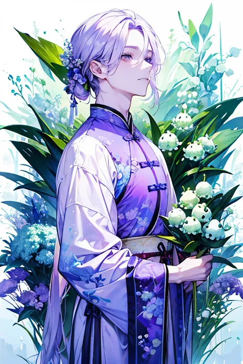 lilac, forest nymph, lily of the valley, ethereal forest man, perfect anatomy, hanging jewels, pretty man, amazing body, best proportions, Chinese style, hanfu style, ancient goddesace closeup)))