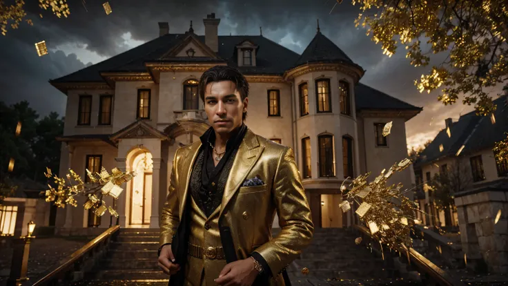 a man in front of a mansion full of gold coins falling from the sky, ultra detailed image, realism, 8k, hyper detailed skin, intense and vivid colors.