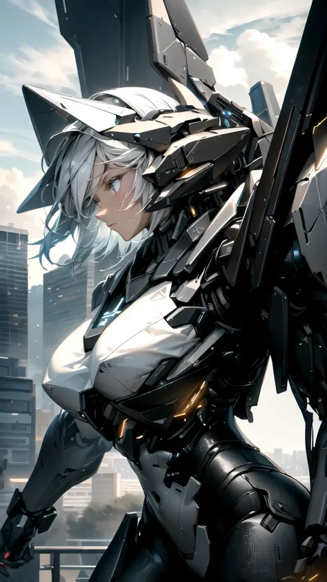 sky, cloud, holding_weapon, no_humans, glowing, , robot, building, glowing_eyes, mecha, science_fiction, city, realistic, female mecha with huge metal breasts 