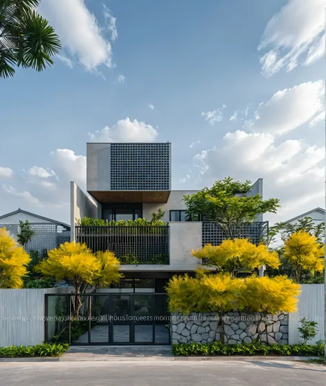 Raw photo, Masterpiece, high quality, best quality, authentic, high realistic, super detail, Realistic green tree
exterior, outdoors, Tuonghoagio, house, modern stytle, on the street, wind flower wall, glass windows, GRAY STONE wall,  GRAY metal gate, meta...