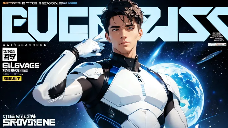 Handsome 28 year old cyborg 　Brown Eyes　future　universe　Science fiction　The background is the galaxy universe　A very tight white and blue rubber suit　Plug Suit　Gloves　looking at the camera　White big bulge　Very short, cropped black hair　scinece magazim cove...