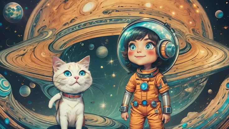 Cartoon illustration of a boy and a girl in space with cat, official fan art, in space, kitten in outer space, in outer space, in deep space, in galaxies, deep space exploration!!!, space travel, wearing in stars and planets, outer space, outer space, star...