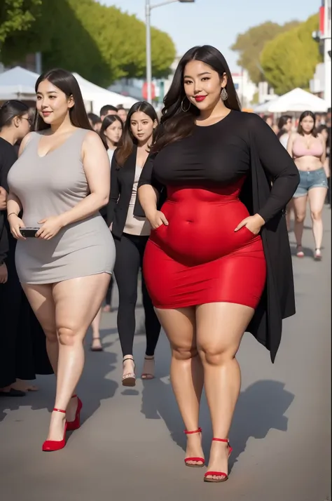 3Fatgirls , fat body , thick body , thick waist and thick hips ,  , soft curvy body sape , thick hips , widest hips ,smooth whight skin , round face , red lips , smile , long brown stable heir , long lage, red shoes large   breasts, large hip, one hand in ...