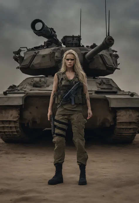 Dakota Jonhson in a desert, she is armed with a military knife, wearing a marine t-shirt, wearing camouflage military pants, she is muscular, military face paint, two soldiers want to attack, she is going to fight with them, she makes a tense expression , ...