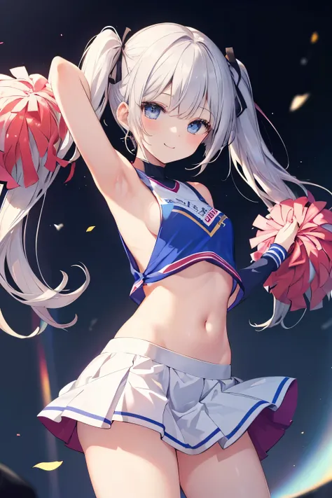 Silver Hair、blue eyes、girl、Small breasts、Twin tails、、girl、Small breasts、Lolita、Bright smile、Looks about 15 years old、Petan Musume、short、目のhighlight、Sexy thighs、Cheerleader、Please show me your armpits、Your eyes are so beautiful、highlight