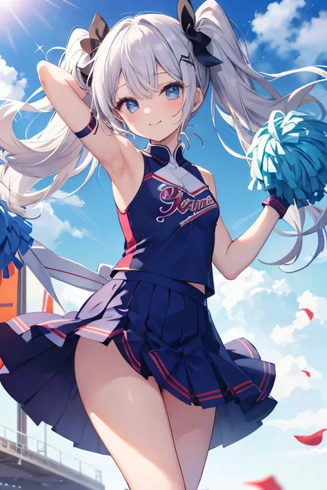 Silver Hair、blue eyes、girl、Small breasts、Twin tails、、girl、Small breasts、Lolita、Bright smile、Looks about 15 years old、Petan Musume、short、目のhighlight、Sexy thighs、Cheerleader、Please show me your armpits、Your eyes are so beautiful、highlight