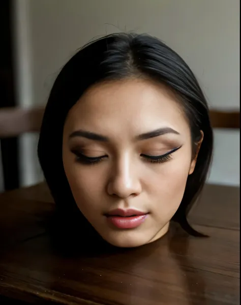 ((disembodied head on table)), asian, young, wearing makeup, extremely detailed skin texture, (eyes closed), (realistic), realis...