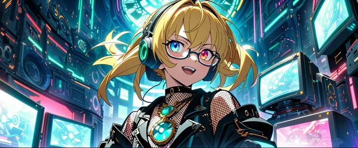 ((masterpiece,Highest quality)),((Androgynous anime boy with red and blonde mesh hair wearing glasses and a steampunk-style outfit)),((Holding a microphone and singing enthusiastically)),((Enthusiastic look)), ((Heterochromia of red and blue iris)),[ Digit...